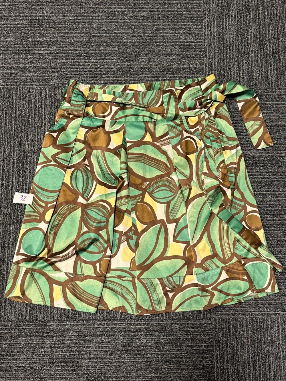 GNW Green Brown Leaf-Print Midi Skirt with Tie
